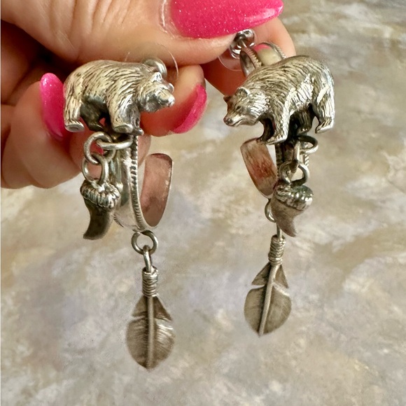 Sterling silver bear feather post earrings hoop tooth Native American artist - Picture 1 of 9